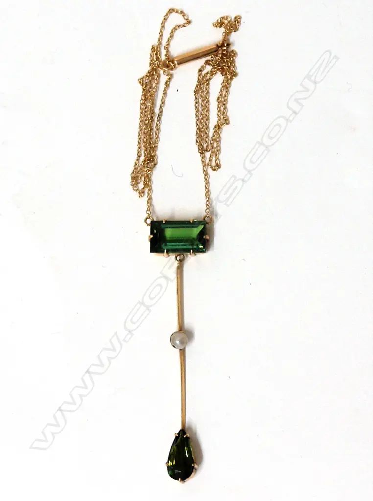 A 9ct. yellow gold green stone and seed pearl necklace Image 1++