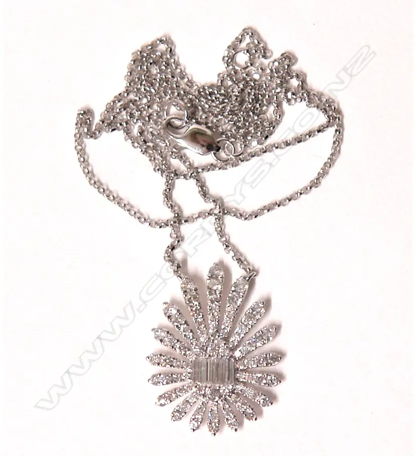 A lady's modern 18ct. white gold and diamond floral cluster pendant on chain Image 1++
