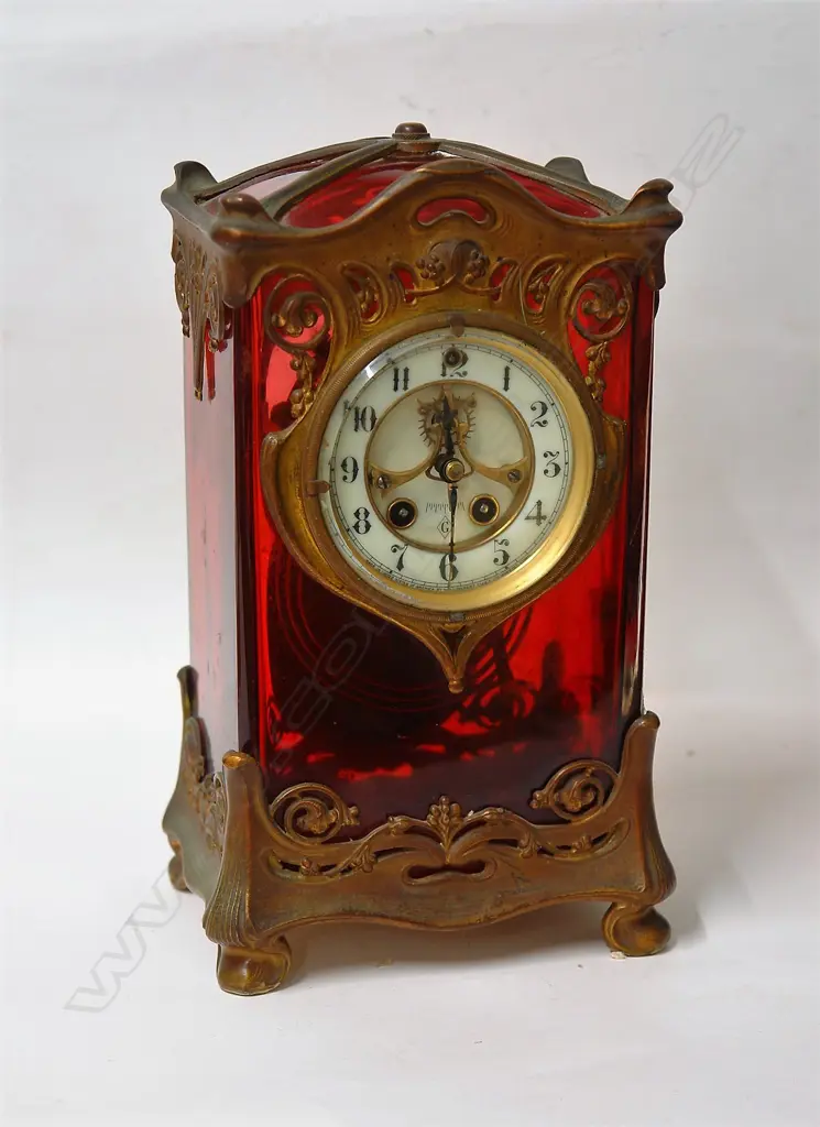 A rare late 19thC ruby glass and gilt metal Art Nouveau Gilbert Clock Co. mantel clock Image 1++