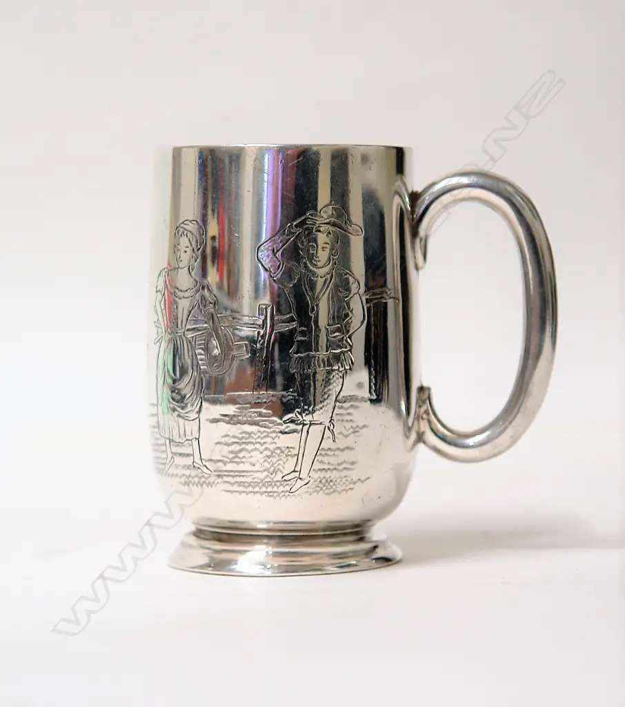 A Victorian silver picture engraved christening mug Image 1++