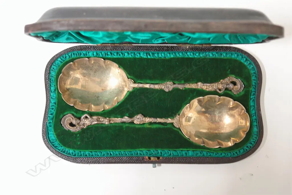 A pair of late Victorian fancy silver serving spoons in original case Image 1++
