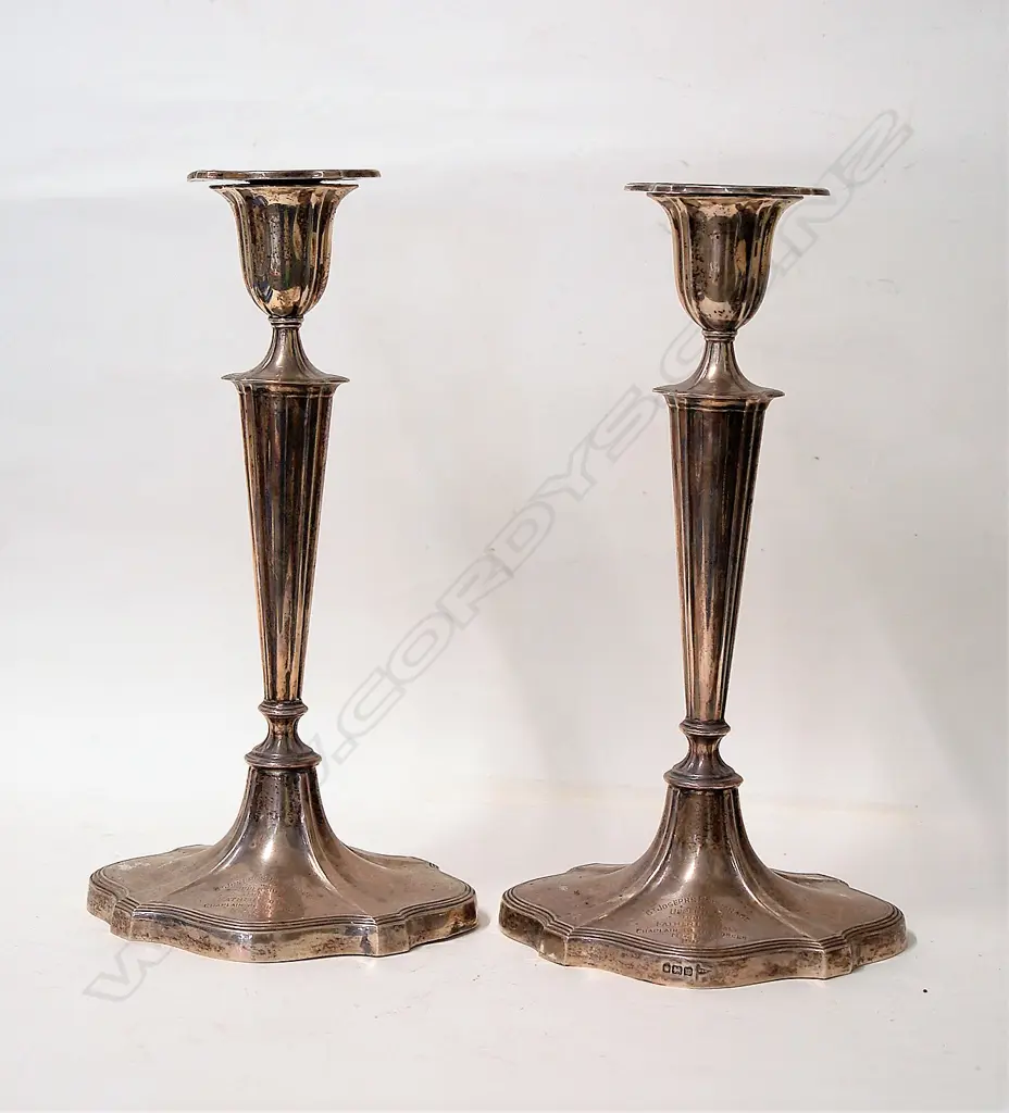 A pair of early 20thC tall silver tall column candlesticks with N.Z Military history Image 1++