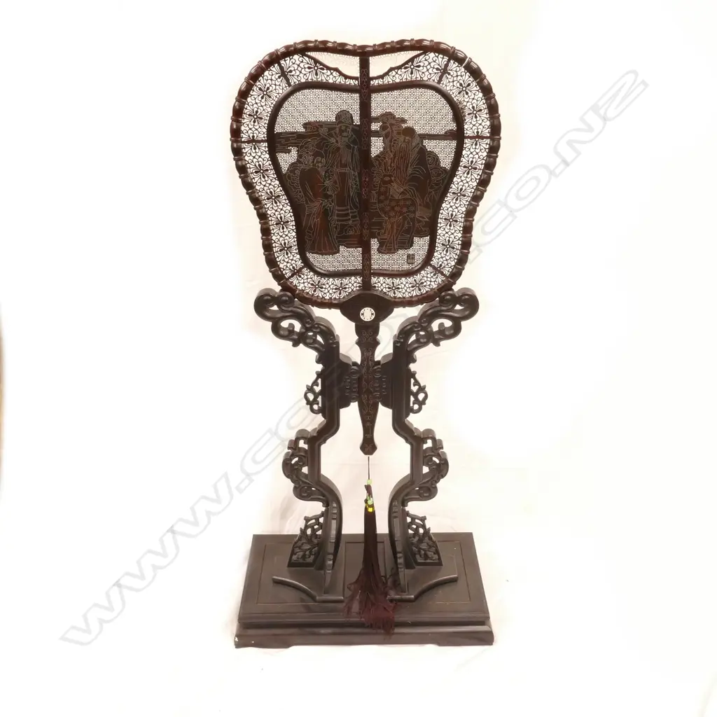 A Chinese rosewood processional screen in stand Image 1++