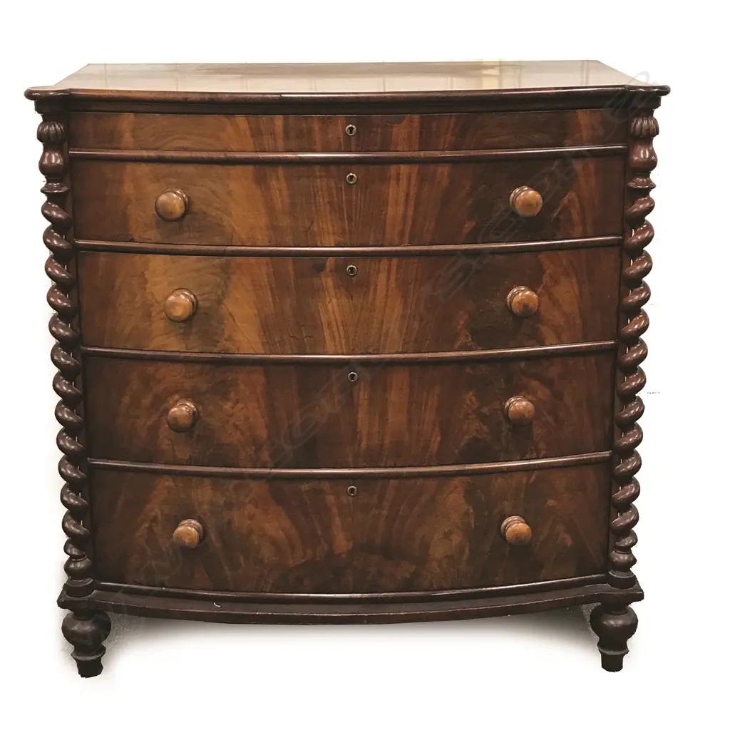 A Victorian mahogany bowfront chest of four drawers Image 1++