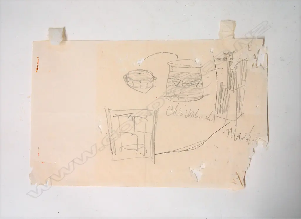 Shoji Hamada pencil sketch of 'Pots from Hamada Exhibition at Canterbury Museum 1965' Image 1++