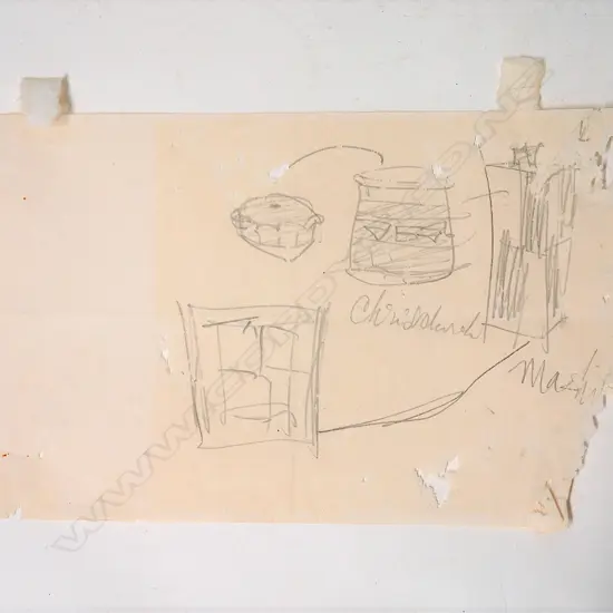Shoji Hamada pencil sketch of 'Pots from Hamada Exhibition at Canterbury Museum 1965'