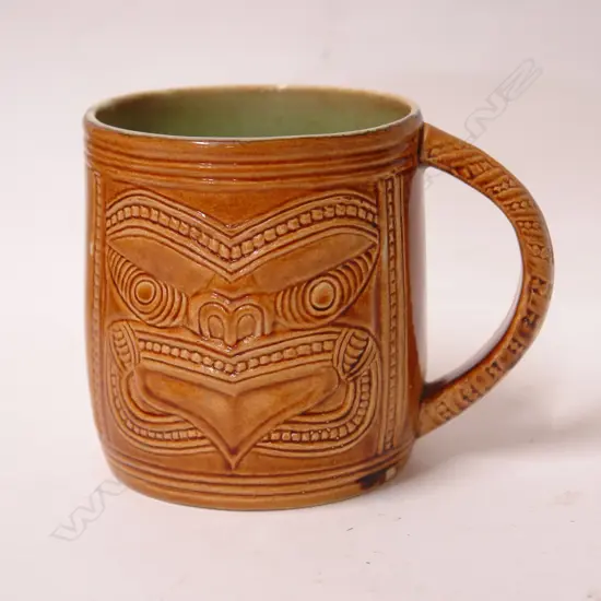A rare Crown Lynn Wharetana Maori Art Pottery 'Ruru and Weku' drinking mug
