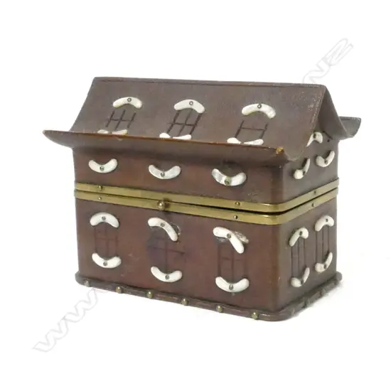 A Victorian leather and brass scent bottle holder in the form of a Chinese house