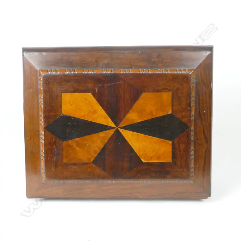 A Victorian rosewood and mixed fancy timbers trinket box Image 1++