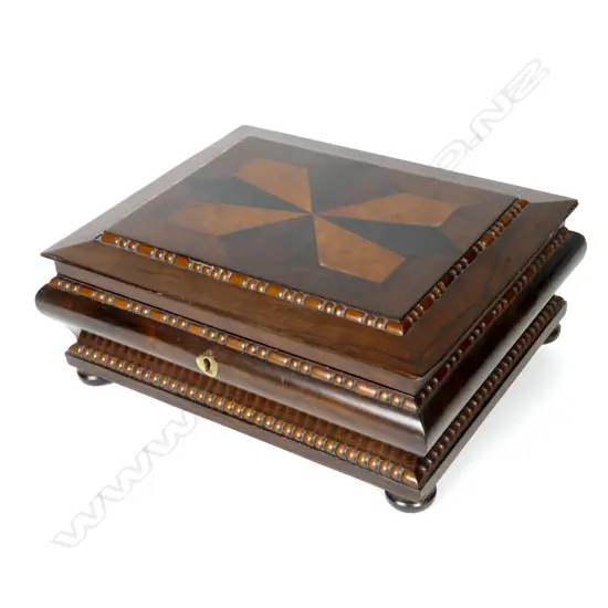 A Victorian rosewood and mixed fancy timbers trinket box