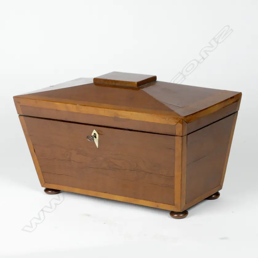 A 19thC satinwood sarcophagus-shaped tea caddy Image 1++