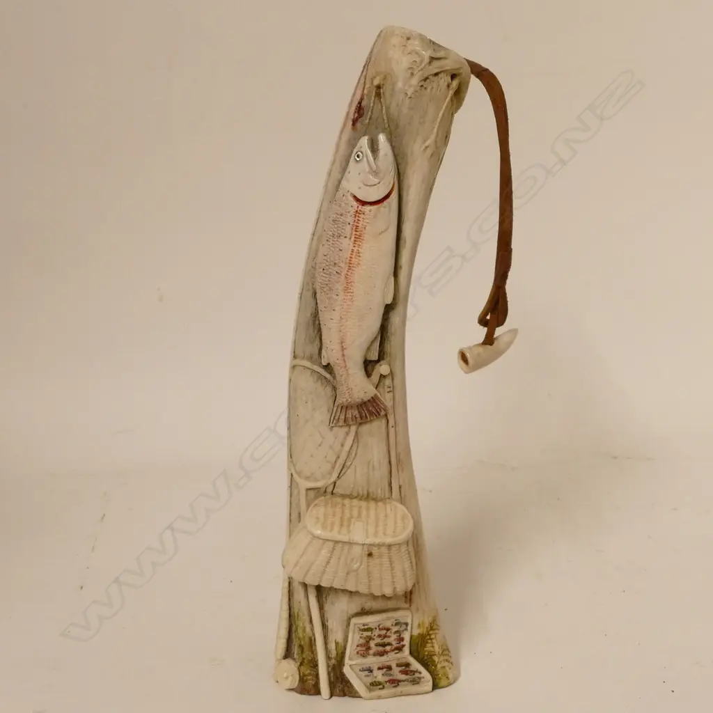 A carved antler cabinet piece anglers 'priest' by Taupo master carver Des Baker Image 1++