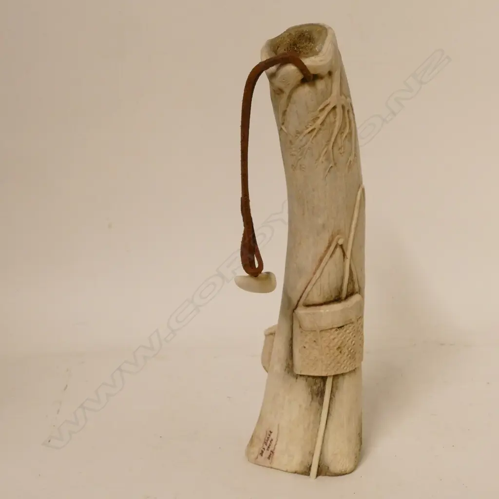 A carved antler cabinet piece anglers 'priest' by Taupo master carver Des Baker Image 1++