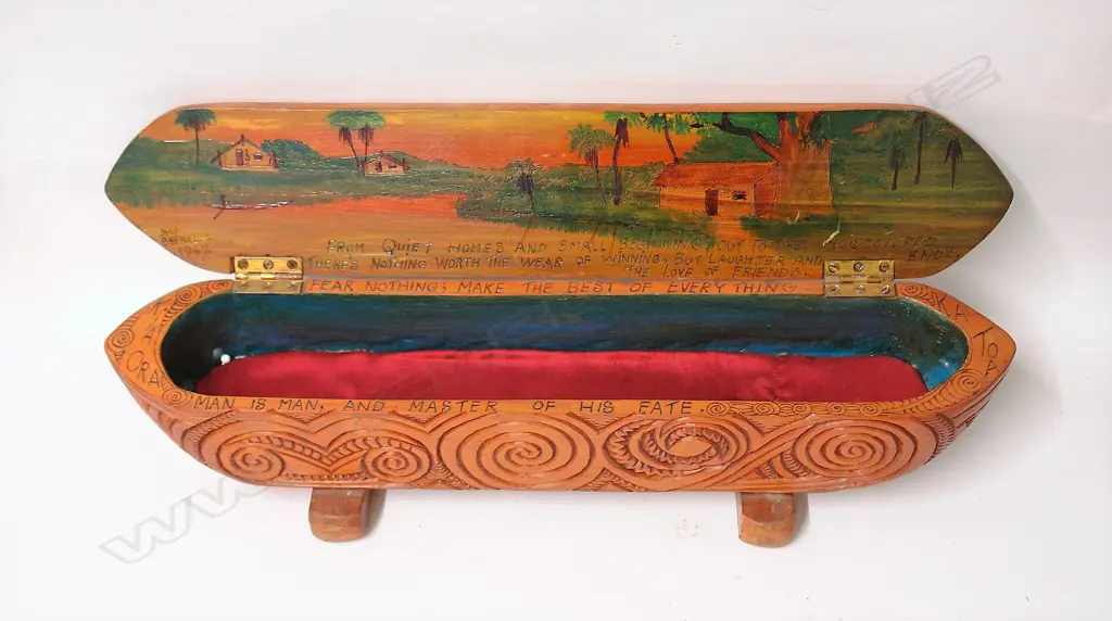 A 1947 Jane Brenkley carved and decorated waka huia Image 1++