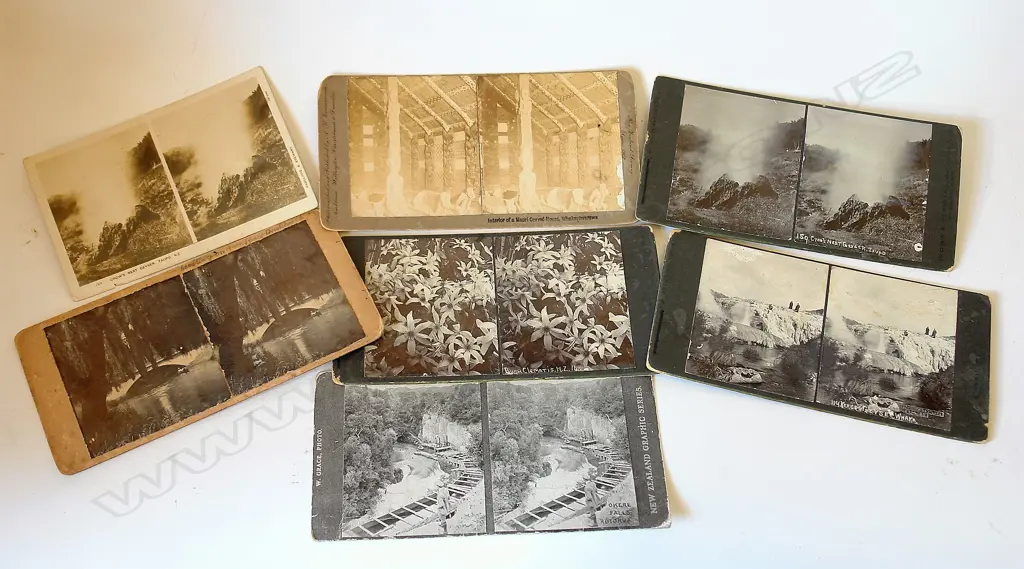 Seven NZ themed stereoscopic photo cards Image 1++