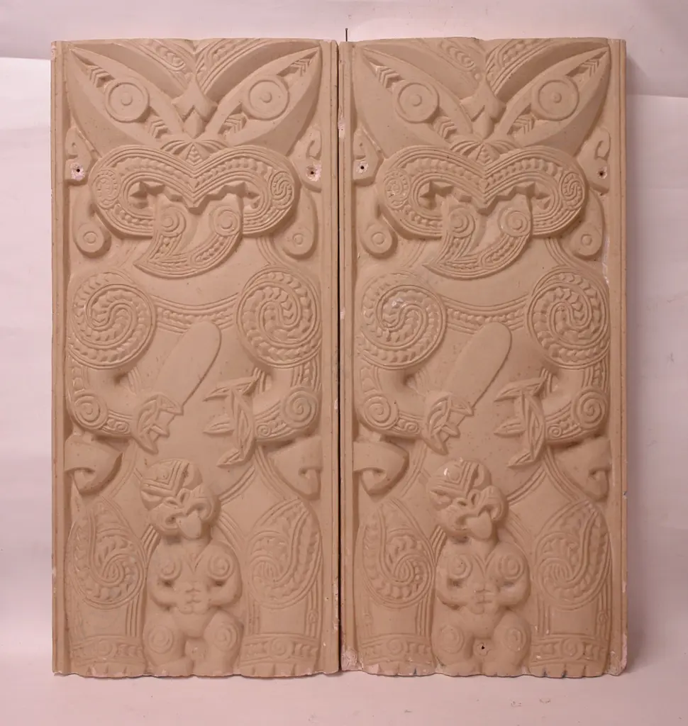 A pair of c.1950/60S Maori decorated plaster panels attributed to Francis Shurrock Image 1++
