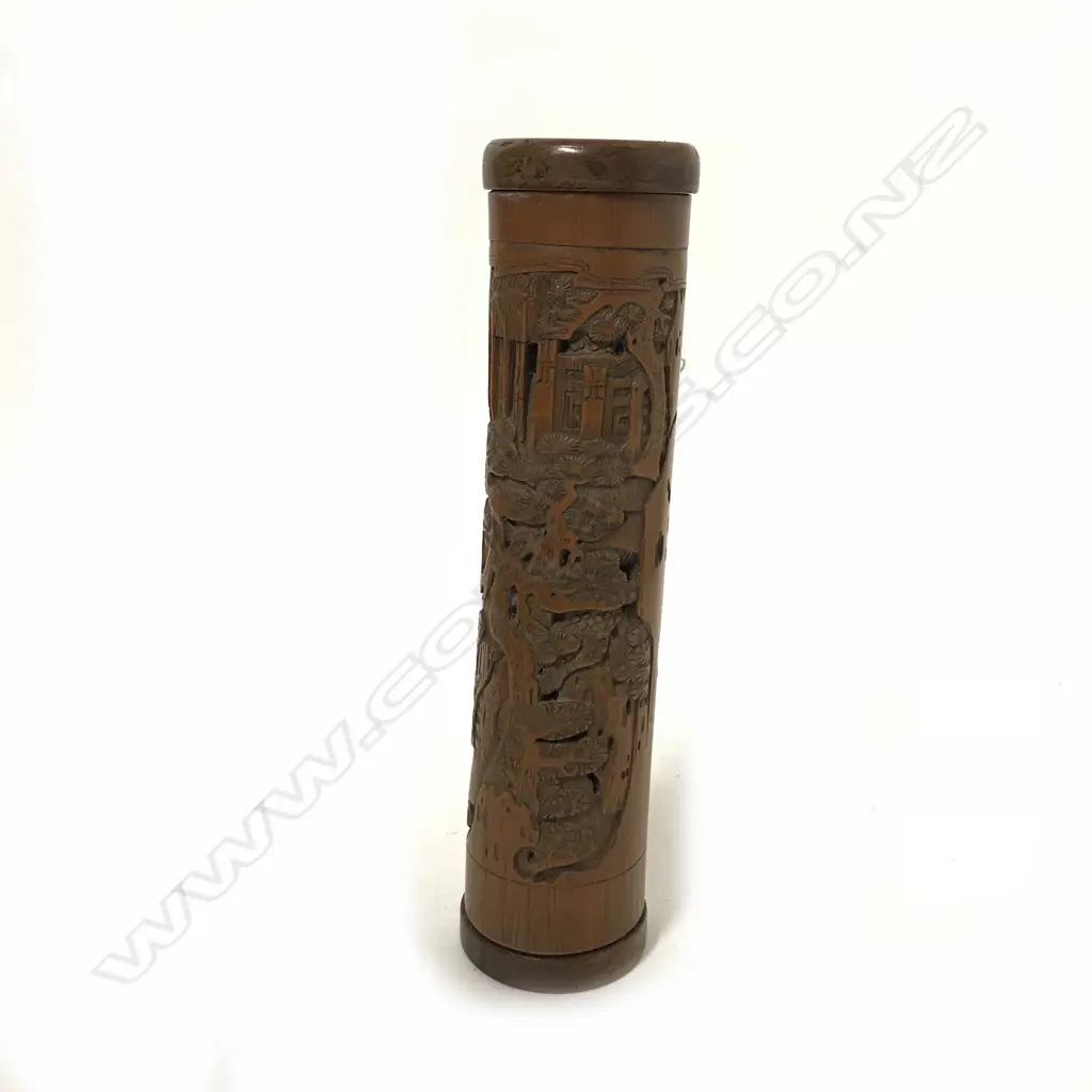 An old fine quality Chinese bamboo cylindrical lidded chopstick container Image 1++