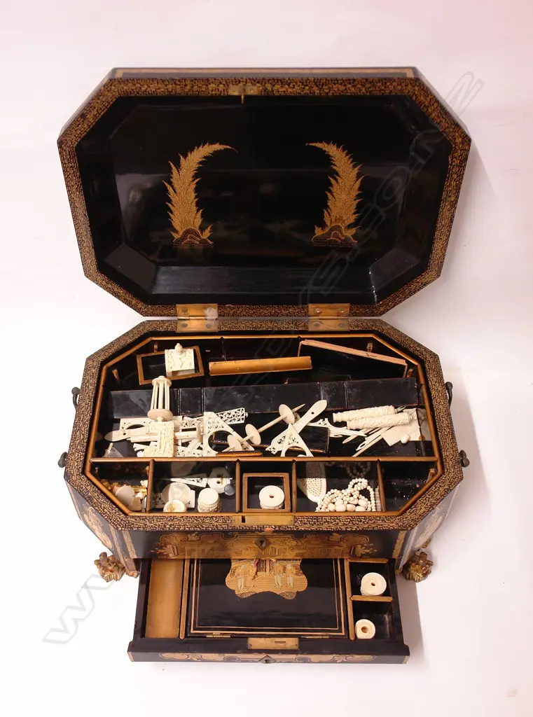 A 19thC Chinese gilded black lacquer sewing box Image 1++