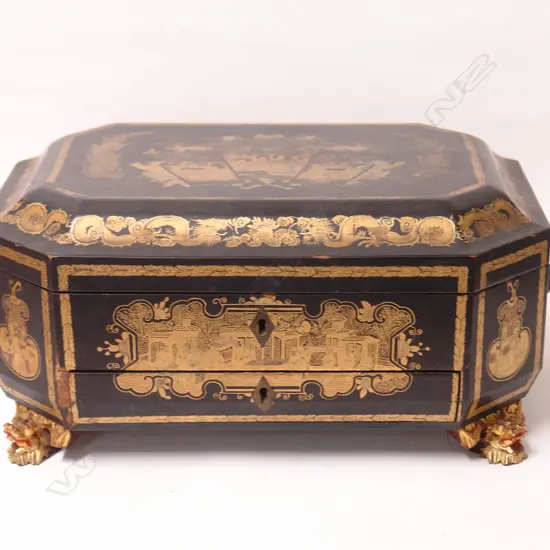 A 19thC Chinese gilded black lacquer sewing box