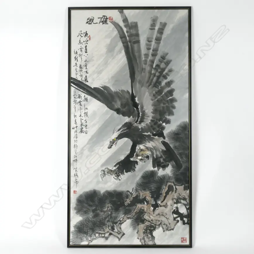 A large Chinese ink drawing of an eagle in flight attacking Image 1++