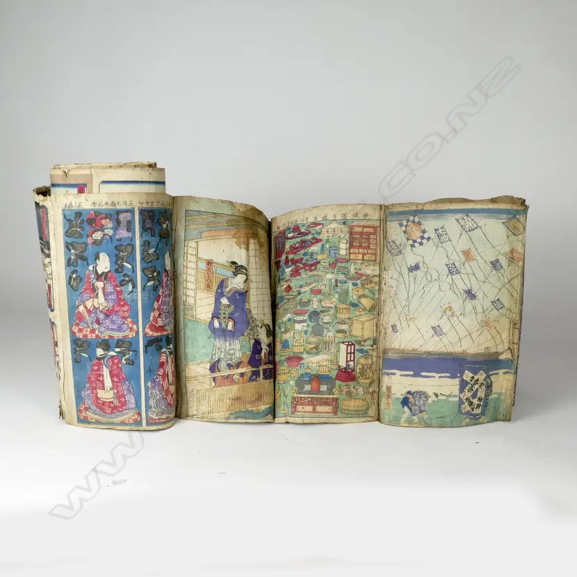 A rare collection of over 100 19thC Japanese woodblock prints in one single long scroll Image 1++