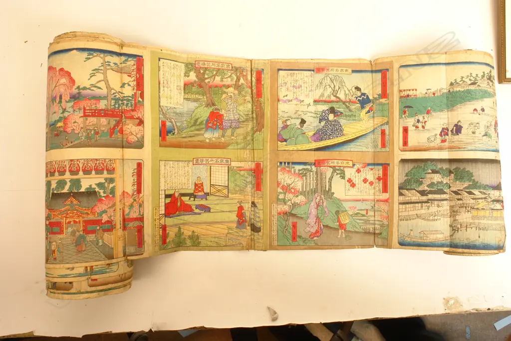 A rare collection of over 100 19thC Japanese woodblock prints in one single long scroll Image 1++