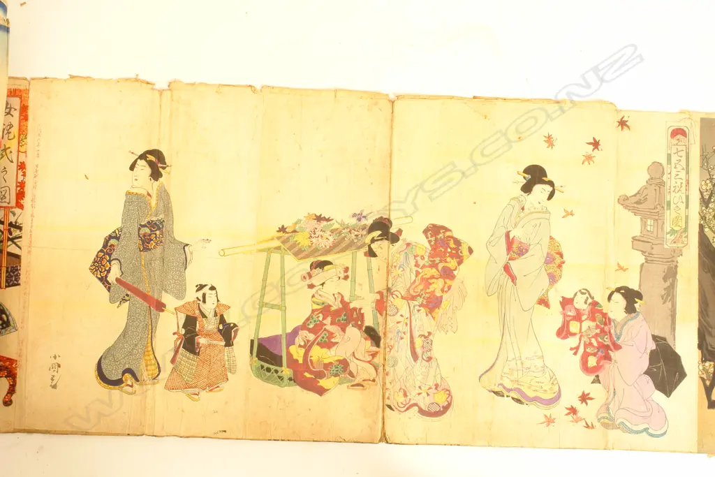 A rare collection of over 100 19thC Japanese woodblock prints in one single long scroll Image 1++