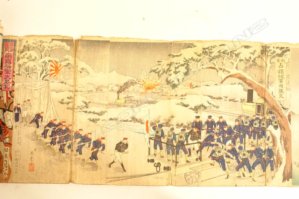 A rare collection of over 100 19thC Japanese woodblock prints in one single long scroll Image 1++