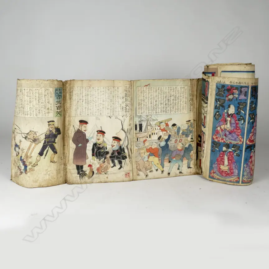 A rare collection of over 100 19thC Japanese woodblock prints in one single long scroll Image 1++