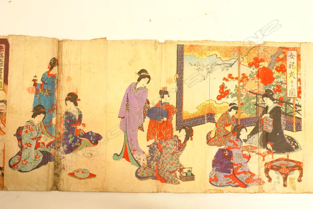 A rare collection of over 100 19thC Japanese woodblock prints in one single long scroll Image 1++