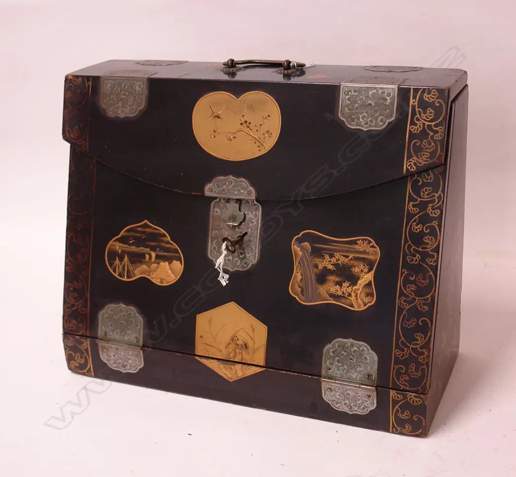 A 19thC Japanese satchel form black lacquer writing box Image 1++