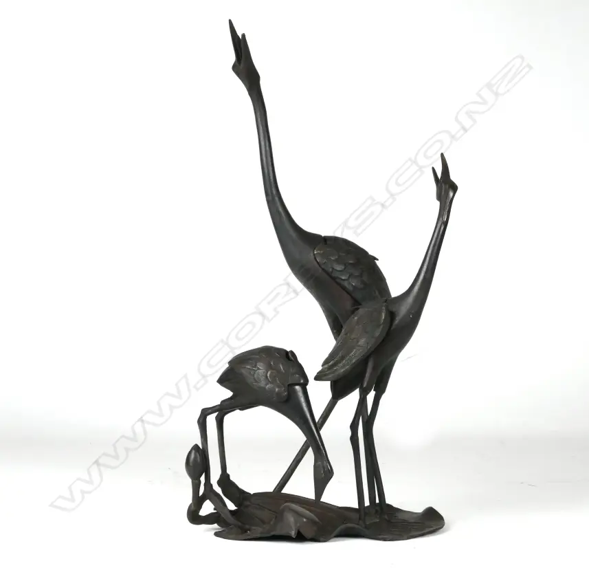 A Japanese bronze censer modelled as three cranes Image 1++