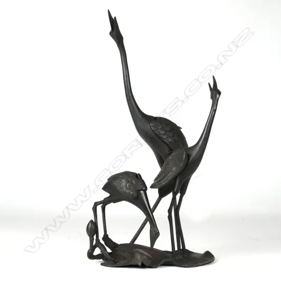 A Japanese bronze censer modelled as three cranes