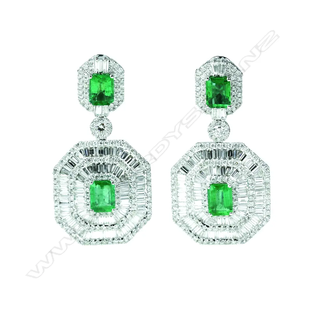 A pair of large and impressive 18ct. white gold emerald and diamond cluster drop earrings Image 1++
