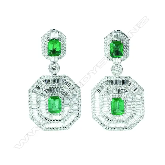 A pair of large and impressive 18ct. white gold emerald and diamond cluster drop earrings