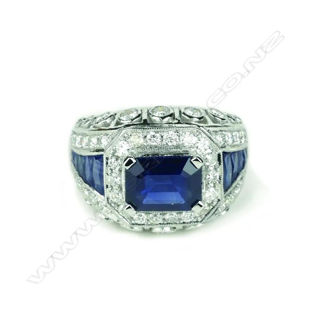 A 10ct white gold sapphire and diamond dress ring Image 1++
