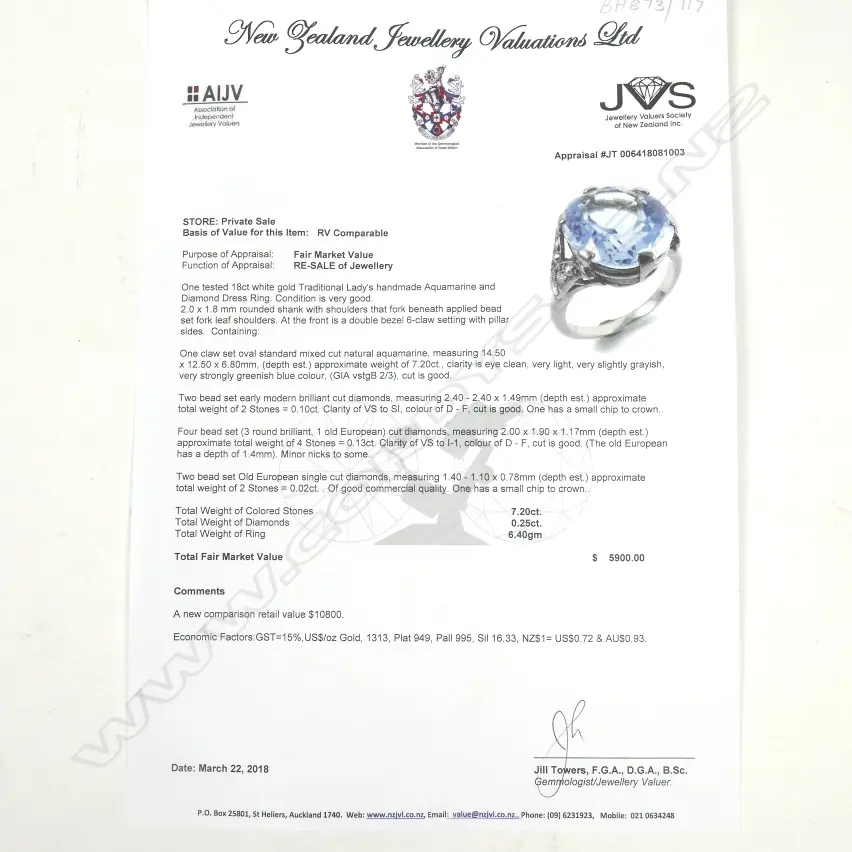 An 18ct. white gold aquamarine and diamond ring Image 1++