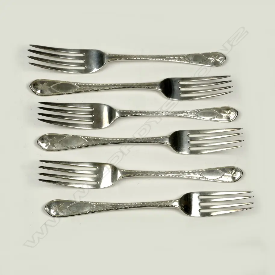 Six Victorian silver bright cut table forks Image 1++