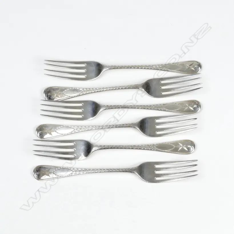Six George III silver bright cut dessert forks Image 1++