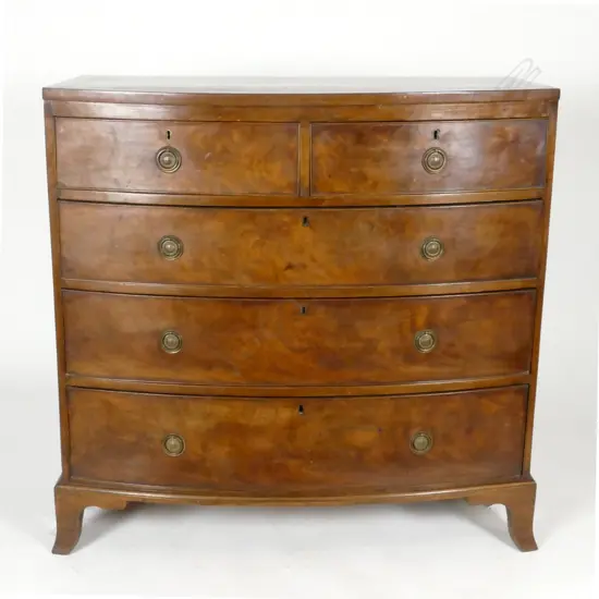 A 19thC English crossbanded mahogany bowfront chest of five drawers