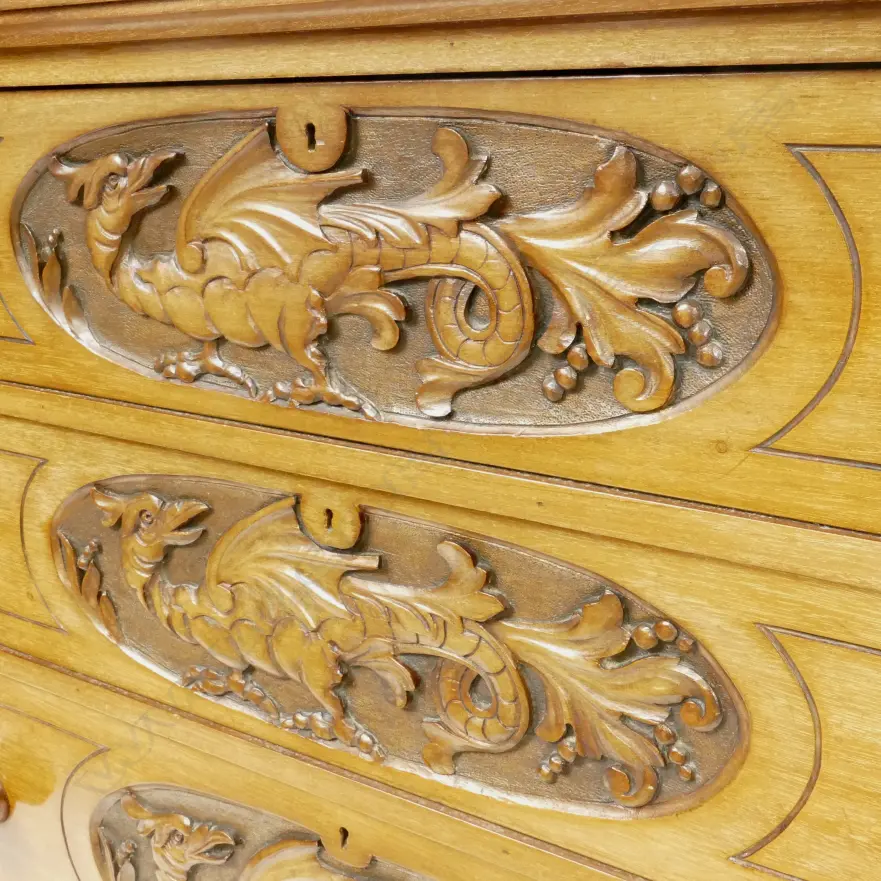 A c.1900 mahogany dragon carved chest of four graduated flat-front drawers Image 1++