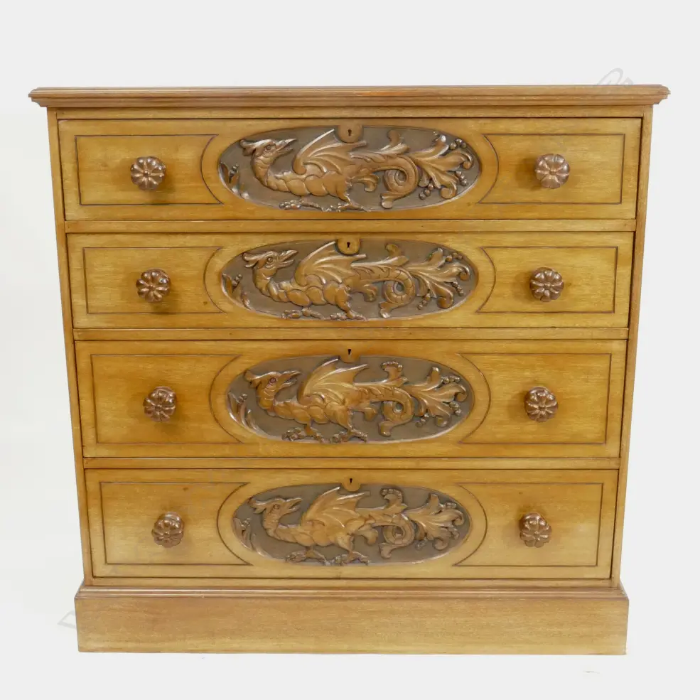 A c.1900 mahogany dragon carved chest of four graduated flat-front drawers Image 1++