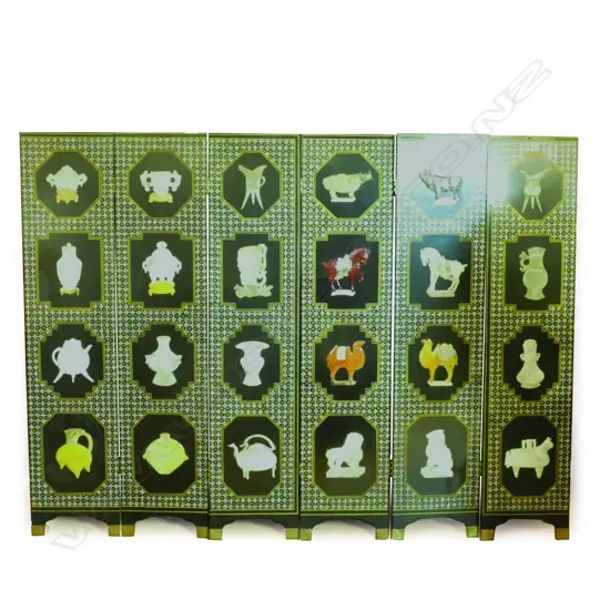 A highly decorative modern Chinese six-fold black lacquer screen