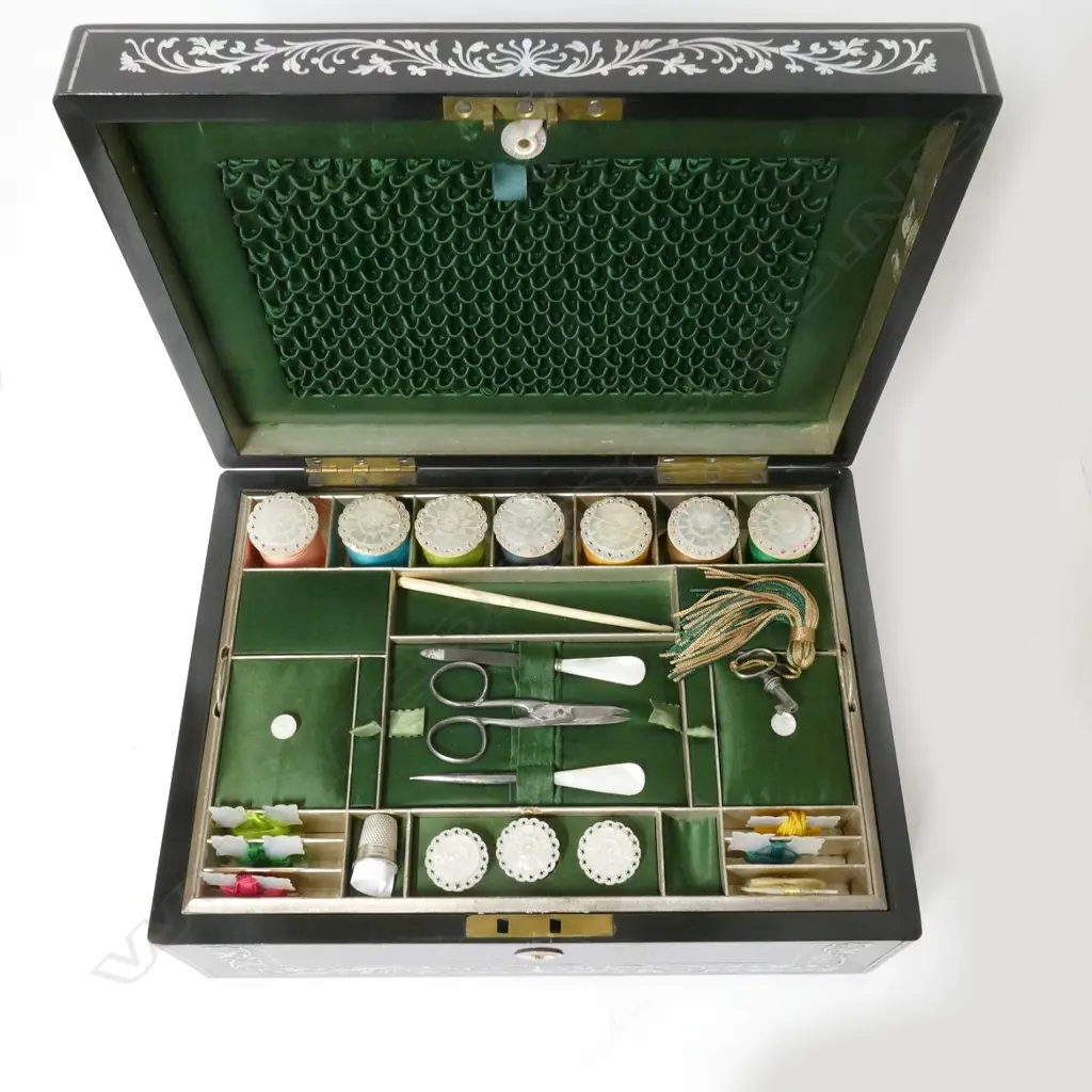 A 19thC mother of pearl inlaid ebony workbox Image 1++