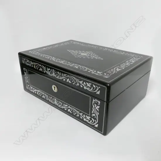 A 19thC mother of pearl inlaid ebony workbox