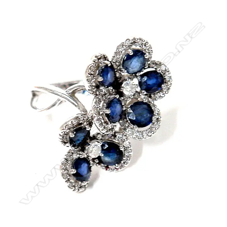 An 18ct. white gold diamond and sapphire cluster dress ring Image 1++