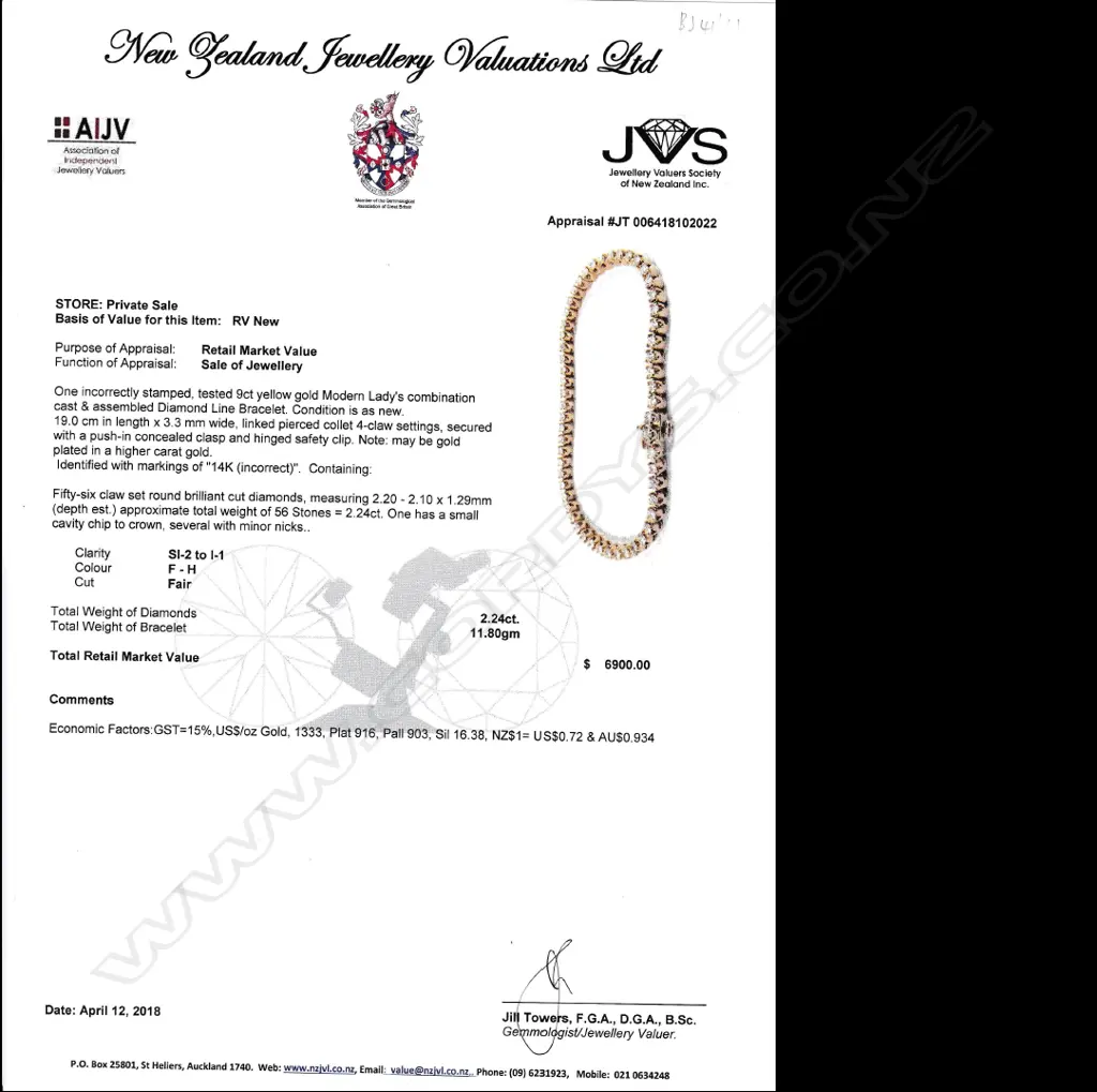 A 9ct yellow gold tennis bracelet set with 56 round brilliant cut diamonds Image 1++