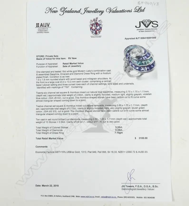 An 18ct. white gold emerald sapphire and diamond dress ring Image 1++