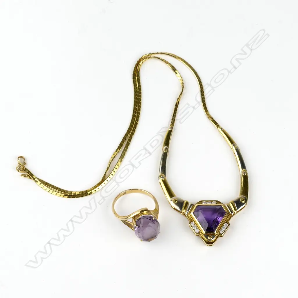 A retro 20ct. gold amethyst and diamond necklace Image 1++