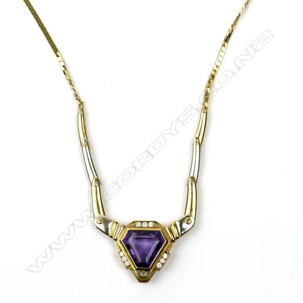 A retro 20ct. gold amethyst and diamond necklace Image 1++